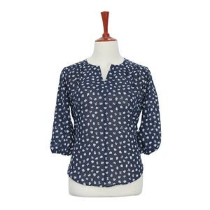 Womens Silky Blouse Floral Blue White Chiffon 3/4 Sleeve V-Neck Casual Top Large